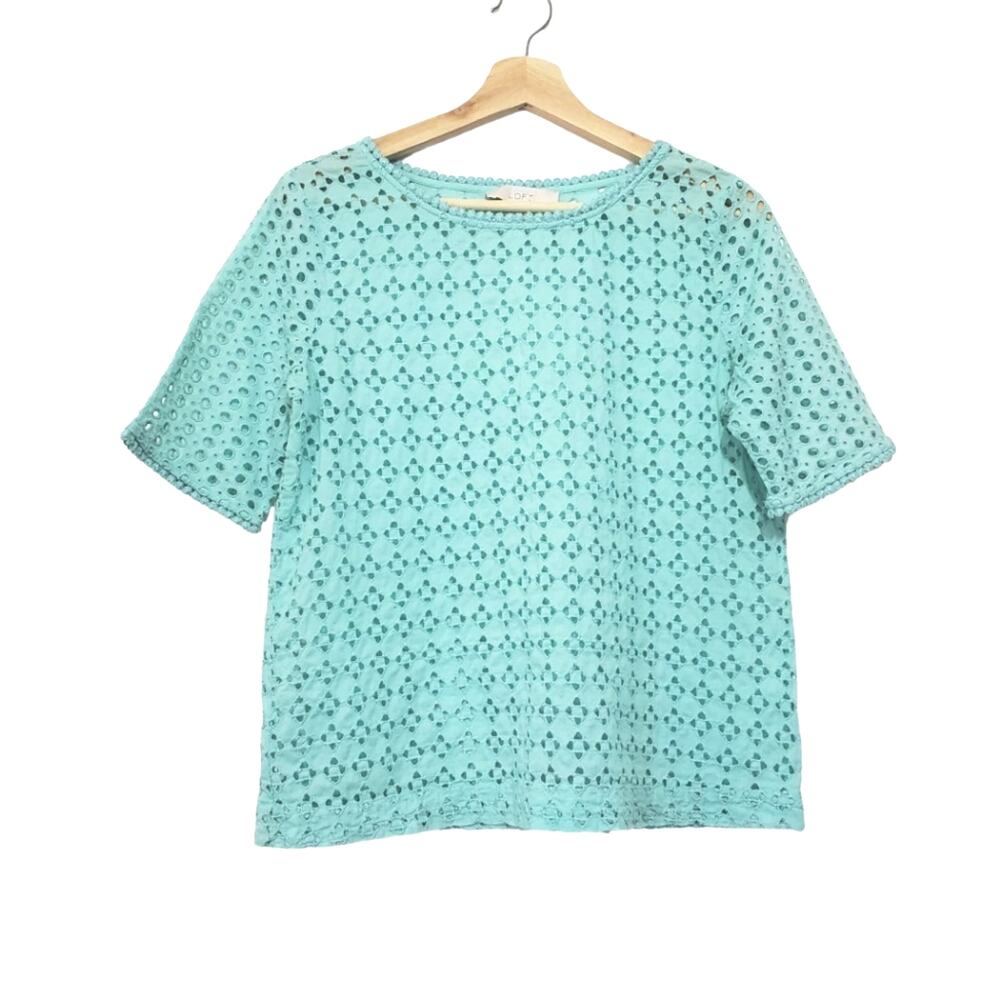 Ann Taylor Loft | Turquoise Blue Eyelet Sheer Short Sleeve Top
